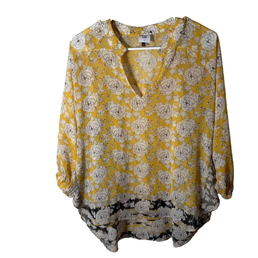 Cabi Blouse Women's Small Yellow V-Neck 3/4 Sleeve Sheer Lightweight Casual